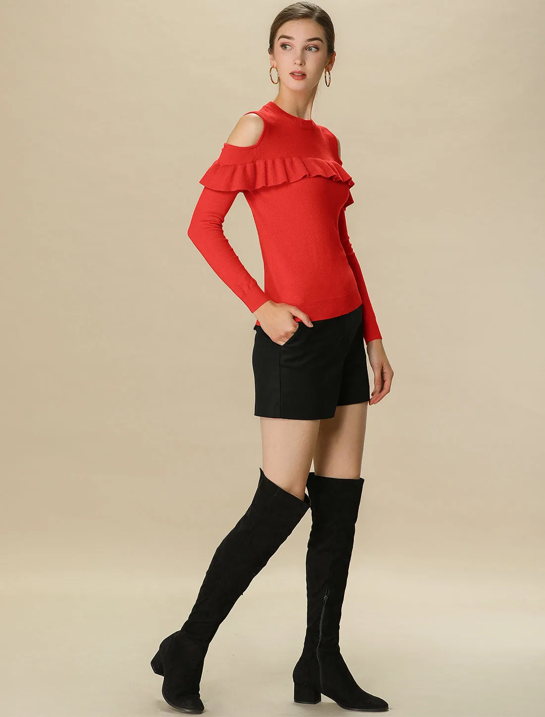 Ruffle Long Sleeve Cold Shoulder KnitPullover Mock Neck Sweater sold by Allegra K product image thumbnail 4