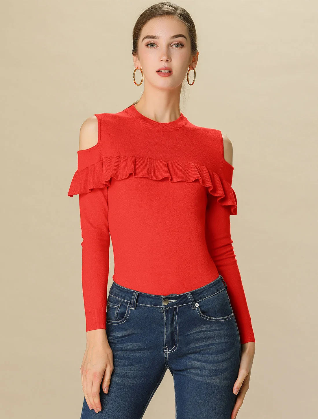 Ruffle Long Sleeve Cold Shoulder KnitPullover Mock Neck Sweater sold by Allegra K product image thumbnail 3