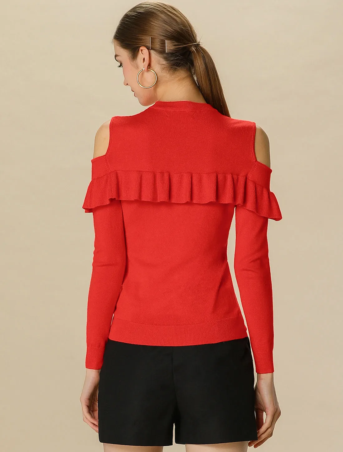 Ruffle Long Sleeve Cold Shoulder KnitPullover Mock Neck Sweater sold by Allegra K product image thumbnail 5