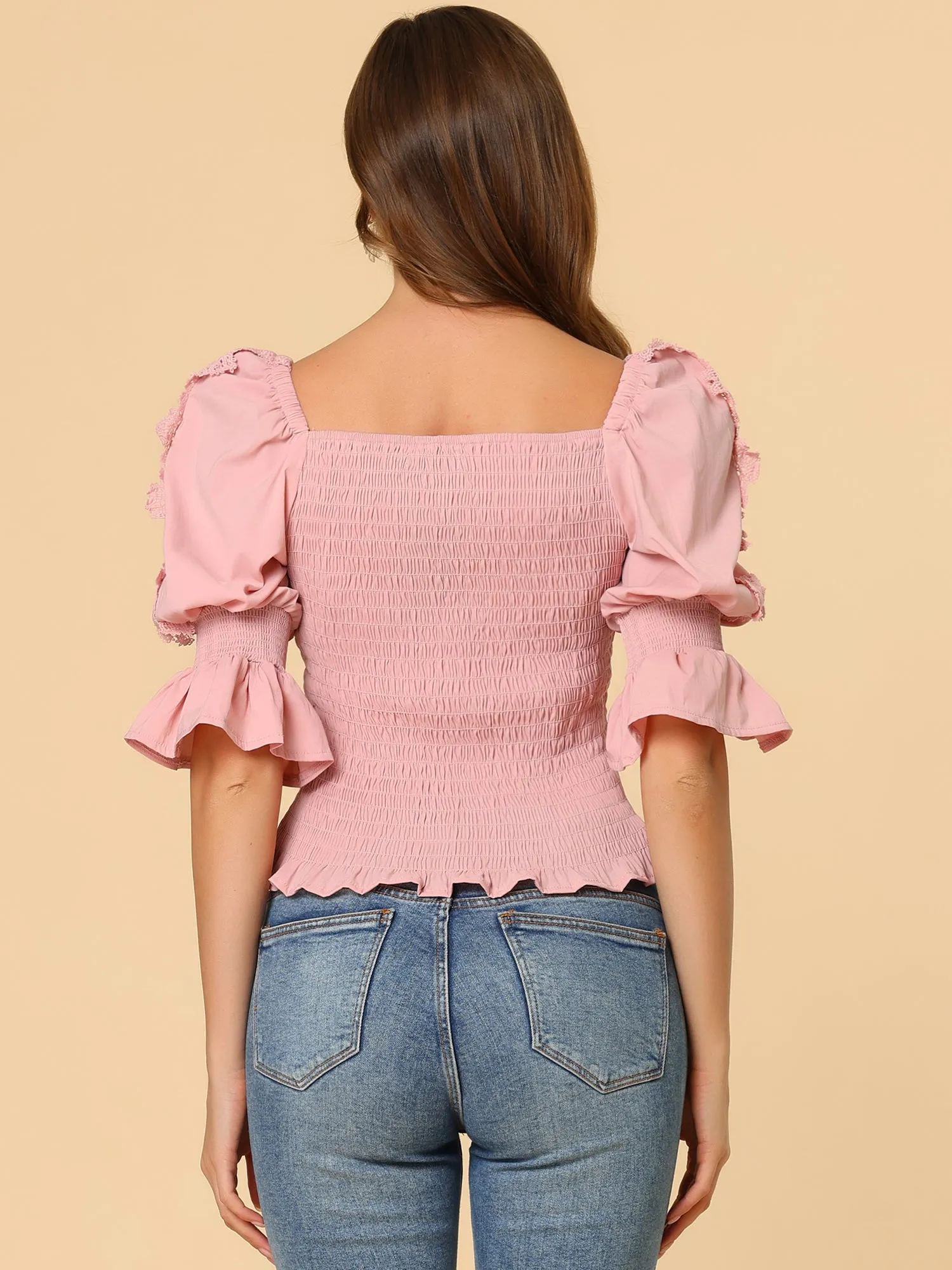 Smocked Ruffle Square Neck Puff Sleeve Blouse Top sold by Allegra K product image thumbnail 5