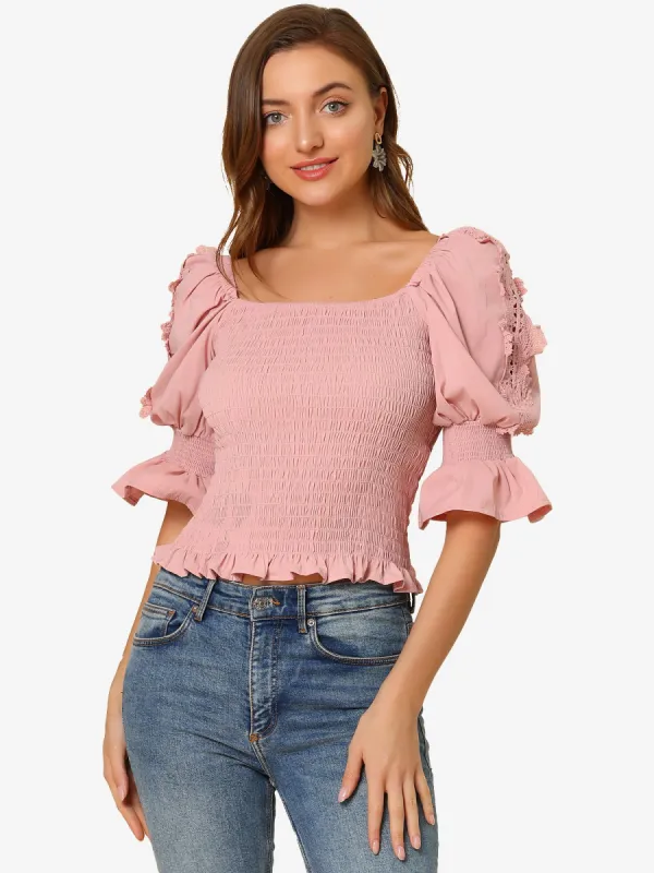 Smocked Ruffle Square Neck Puff Sleeve Blouse Top sold by Allegra K