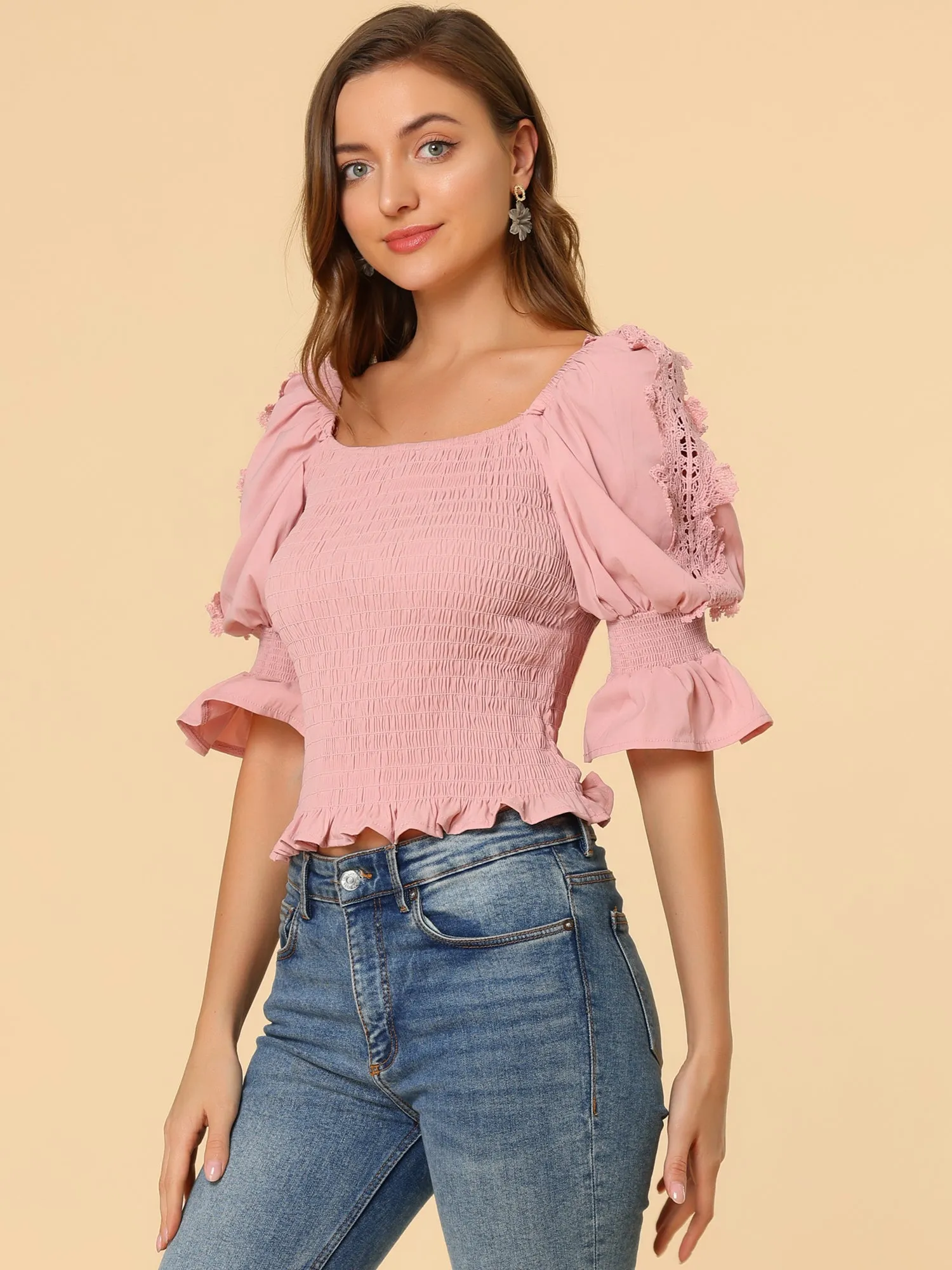 Smocked Ruffle Square Neck Puff Sleeve Blouse Top sold by Allegra K product image thumbnail 4