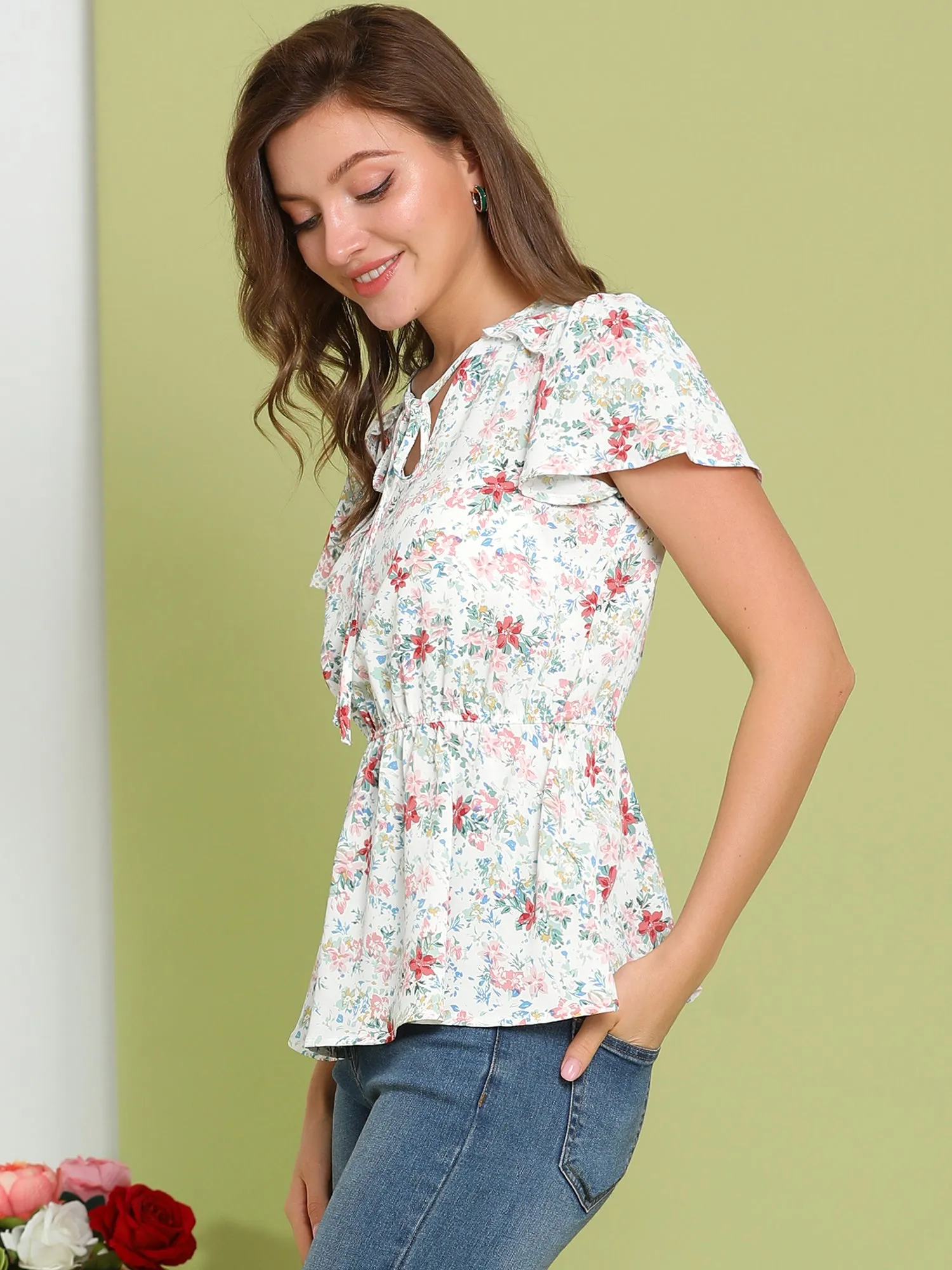 Summer Floral Print Flutter Sleeve Tie V Neck Peplum Blouse sold by Allegra K product image thumbnail 3