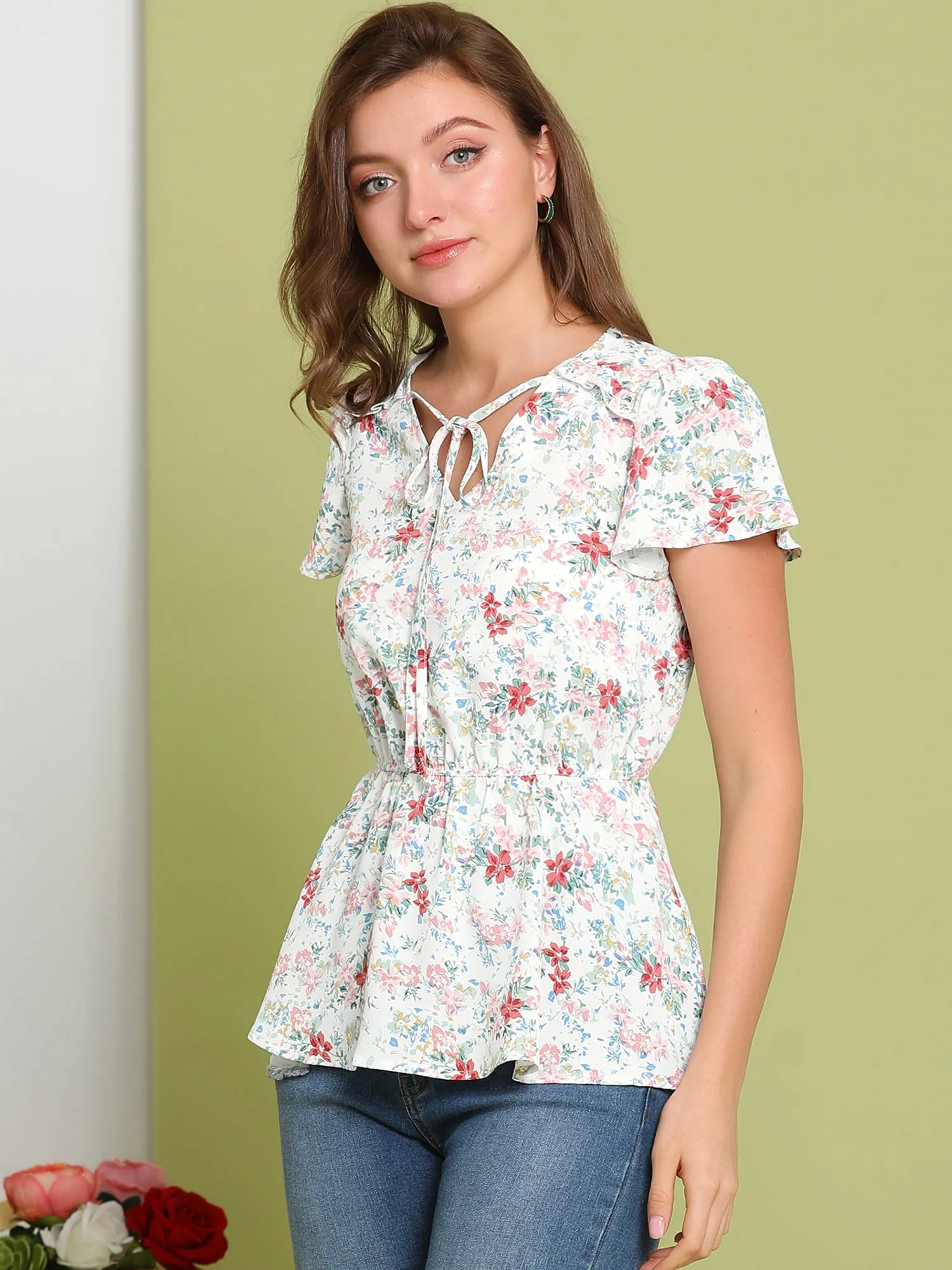 Summer Floral Print Flutter Sleeve Tie V Neck Peplum Blouse sold by Allegra K