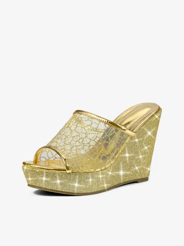 Glitter Platform Heel Slide Wedge Sandals sold by Allegra K