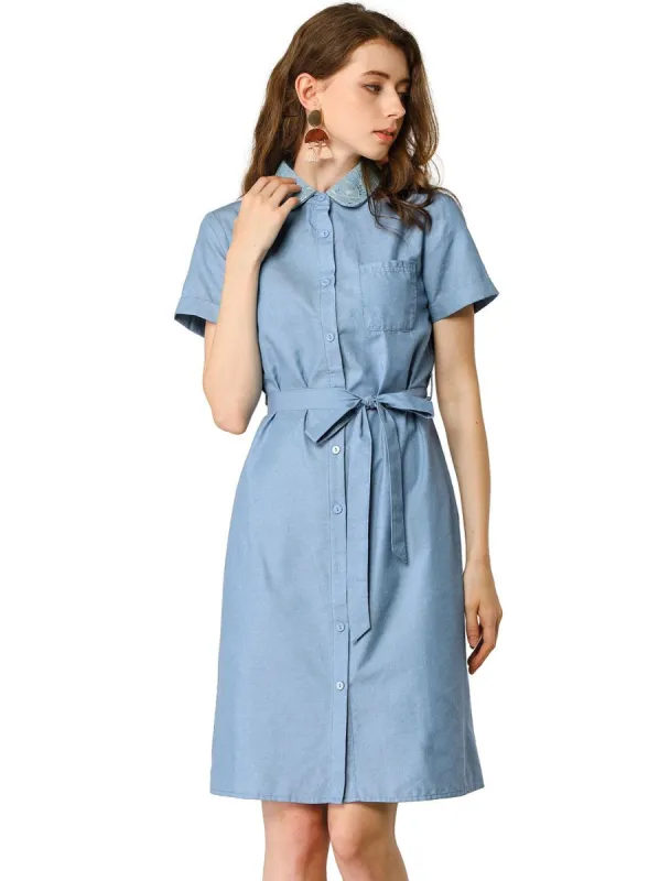 Women's Peter Pan Collar Short Sleeve Belted Shift Chambray Denim Shirt Dress sold by Allegra K