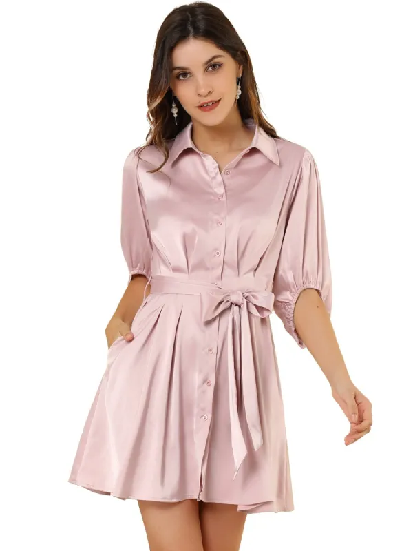 Women's Elegant Satin Dresses A-Line Pleated Waist Puff Sleeve Belted Shirt Dress sold by Allegra K
