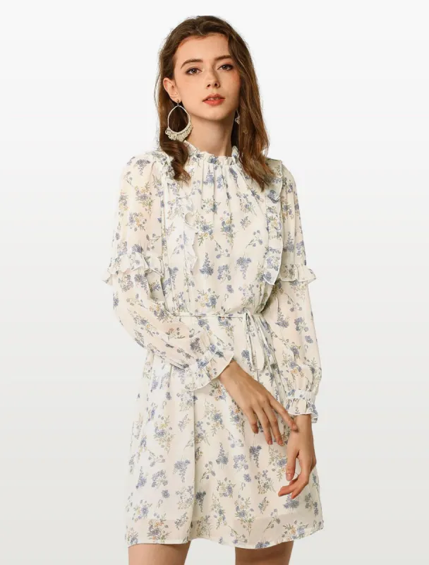 Women's Floral Tie Waist Long Sleeve Ruffle Chiffon Dress sold by Allegra K