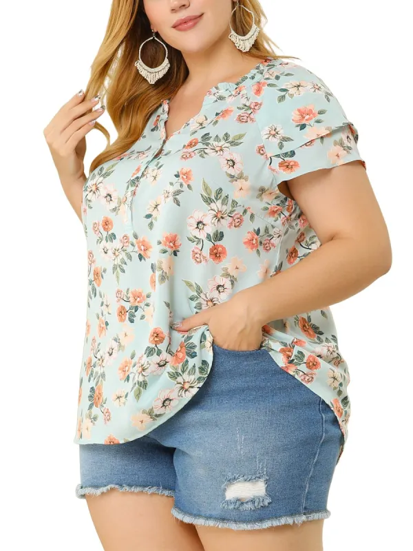 Women's Plus Size Tops Floral Printed Ruffle Trim V Neck Layered Sleeve Blouse sold by Allegra K