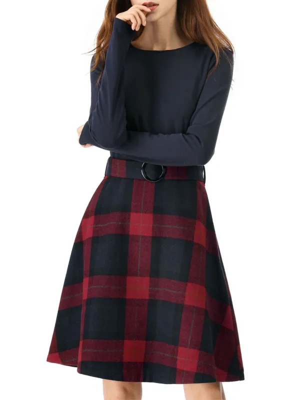 Allegra K Plaids Long Sleeve Round Neck A-Lined Dress with Belt sold by Allegra K