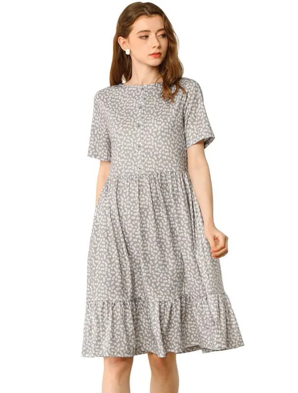 Women's Loose Floral Print Short Sleeve Button Decor Ruffle Hem A-Line Dress sold by Allegra K