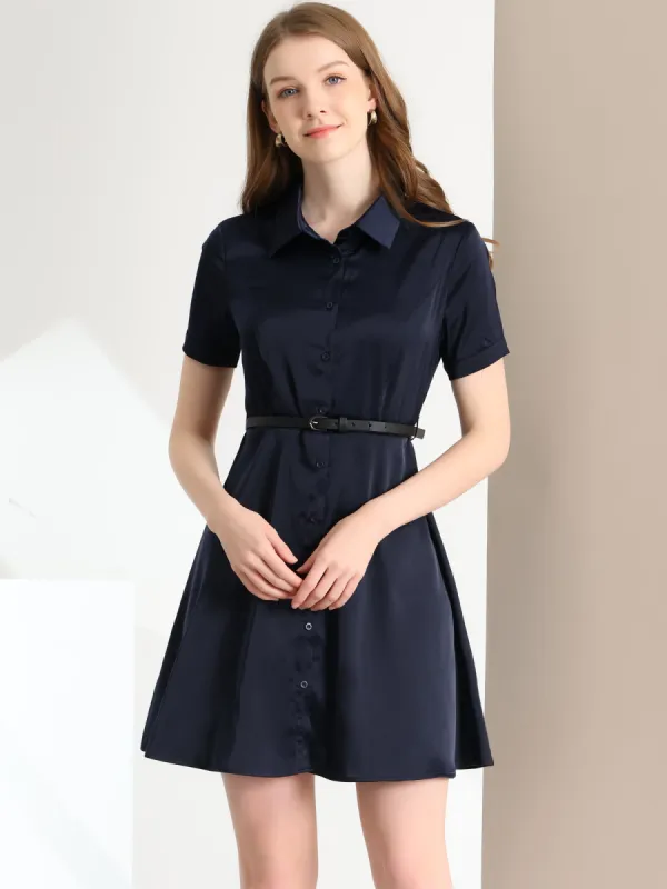 Elegant Satin Short Sleeve Button Down Belted Shirt Dress sold by Allegra K