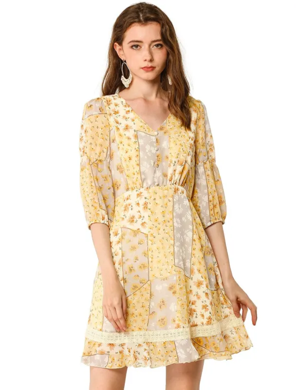 Women's V Neck 3/4 Puff Sleeves Elastic Ruffle A-Line Floral Dress sold by Allegra K