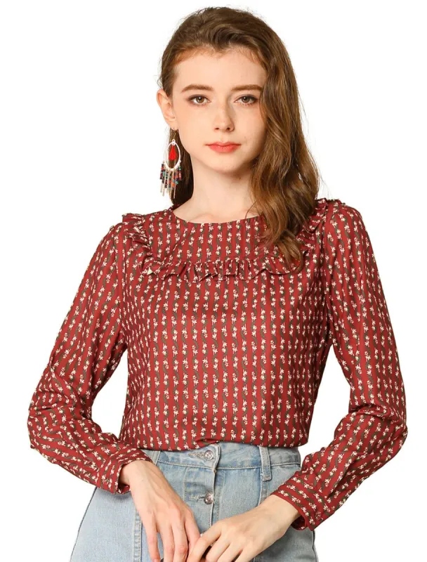 Women's Ruffled Front Round Neck Blouse Long Sleeve Button Cuffs Floral Top Shirt sold by Allegra K