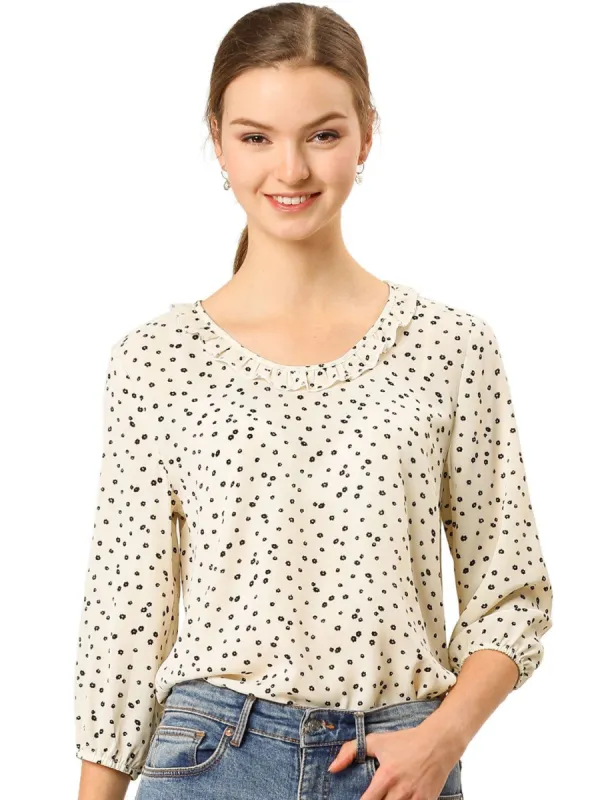 Women's Sweet Ruffle Round Neck Elastic Floral Blouse Top sold by Allegra K