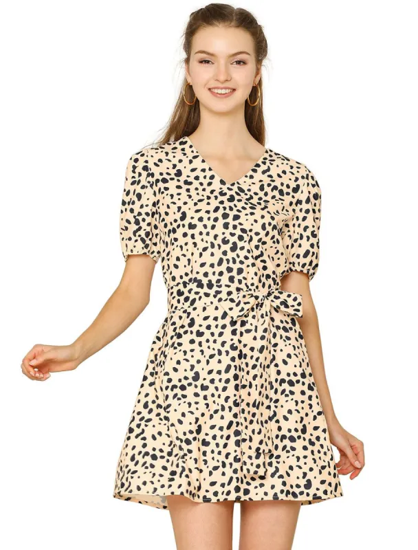 Women's Leopard Tie Waist Puff Sleeves V Neck A-Line Dress sold by Allegra K
