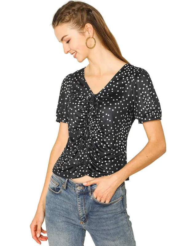 Women's Ruched Tie V Neck Slim Short Sleeve Polka Dots Tops sold by Allegra K