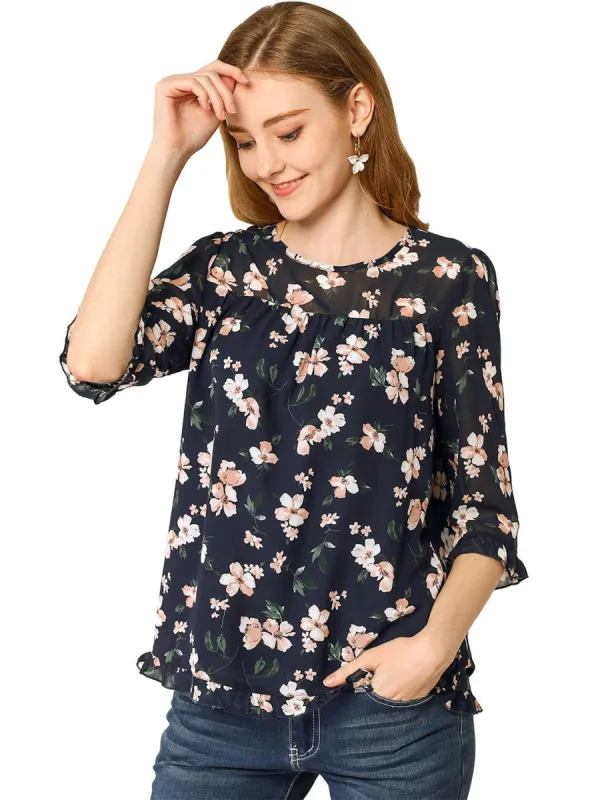 Women's Casual Ruffle 3/4 Sleeve Floral Print Chiffon Blouse sold by Allegra K