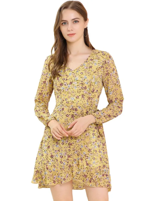 Women's Floral V Neck Tie Waist Ruffled Hem Chiffon Long Sleeve Dress sold by Allegra K