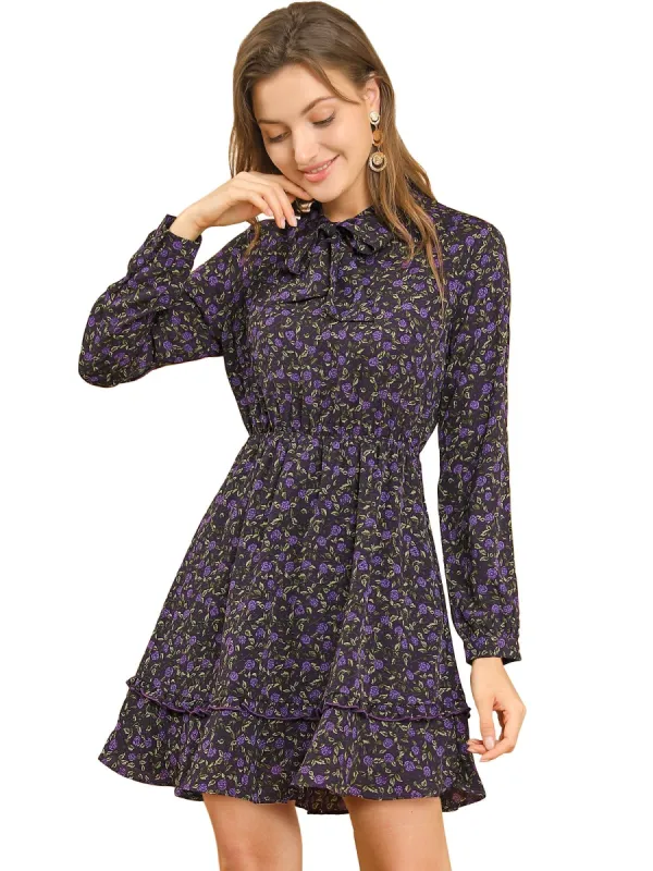 Women's Casual Tie Neck Long Sleeve Elastic Waist Ruffle Hem Floral Dress sold by Allegra K