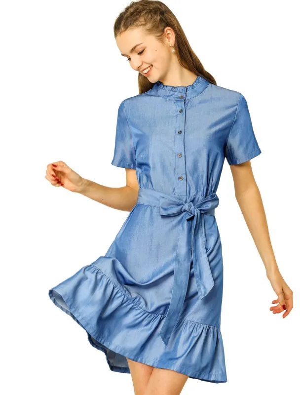 Women's Half Placket Ruffle Belted A Line Short Sleeve Shirt Dress sold by Allegra K