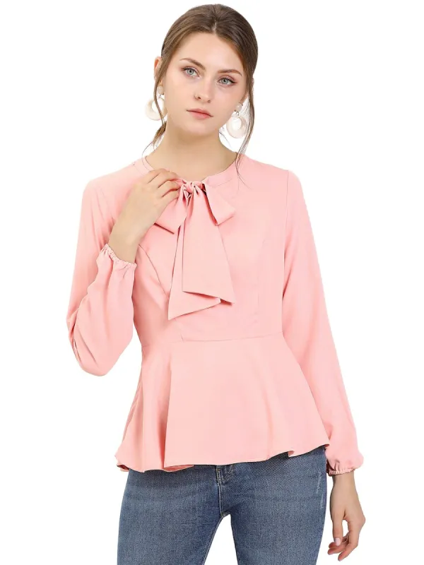 Women's Casual Bow Tie Neck Keyhole Long Sleeve Top Peplum Blouse sold by Allegra K