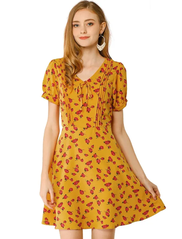 Women's Short Sleeve Casual Petite Cute Tie V Neck Floral A-Line Dress sold by Allegra K