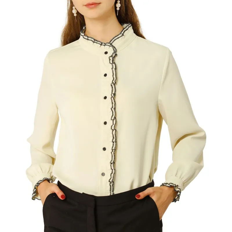 Women Ruffle Stand Collar Shirt Button Down Office Work Chiffon Long Sleeve Top sold by Allegra K