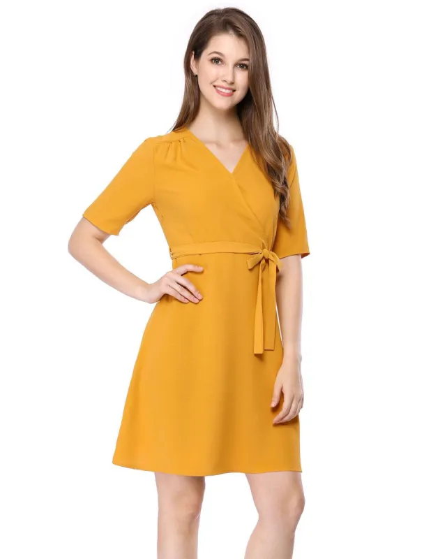 Allegra K Short Sleeve V Neck Belted Above Knee A Line Dress sold by Allegra K