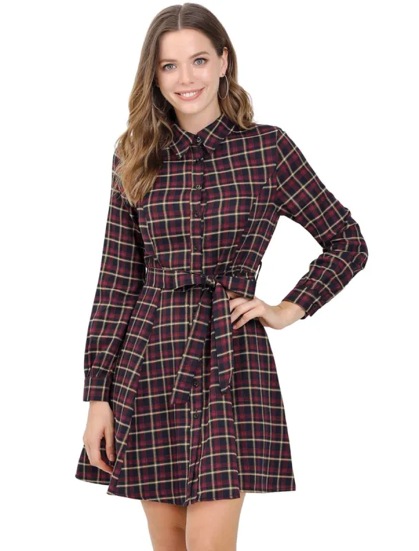 Women's Plaid Lantern Sleeve Waist Belt Aline Dress sold by Allegra K