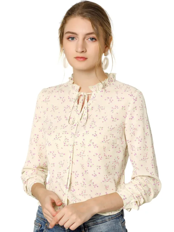 Women's Tie Ruffled Neckline Polka Dots Long Sleeves Floral Blouse Tops sold by Allegra K
