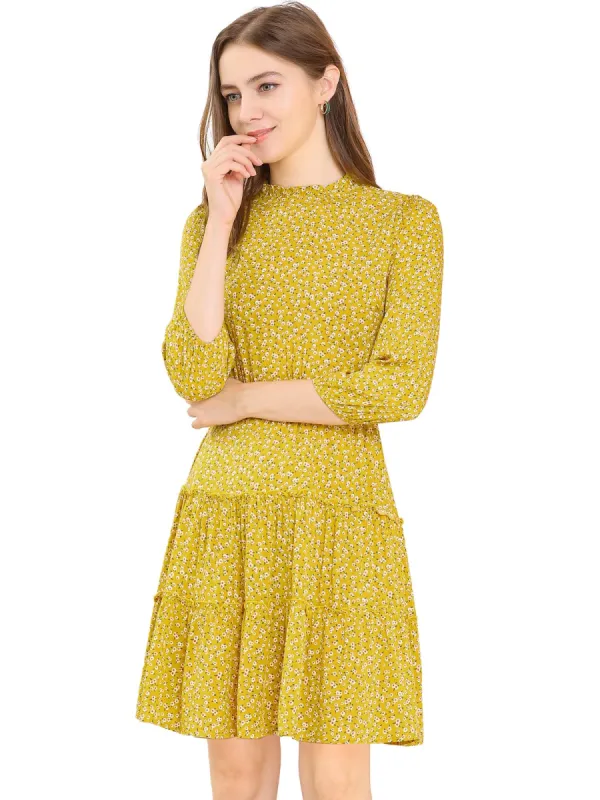 Women's Ruffle Neck 3/4 Sleeve A-Line Vintage Floral Tiered Dress sold by Allegra K