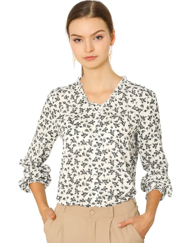 Women's Floral Print Ruffle Neck Blouse Long Sleeves Button Down Peasant Shirt Top sold by Allegra K
