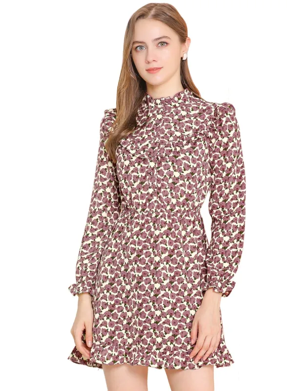 Women's Ruffle Stand Collar Buttons Elastic Waist Floral Dress sold by Allegra K