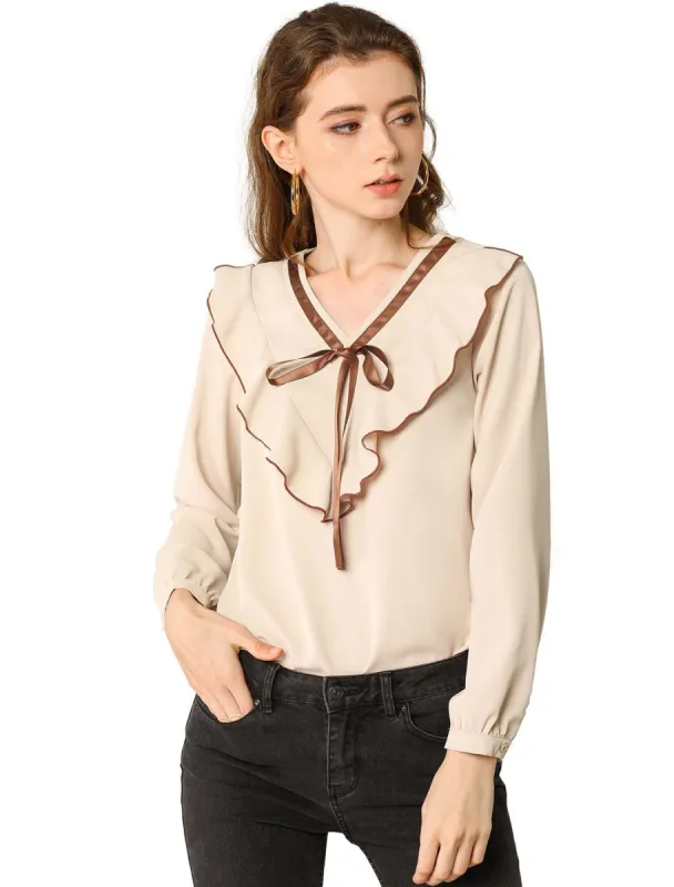 Women's Long Sleeve Chiffon Casual Tie V Neck Ruffled Blouse Tops sold by Allegra K