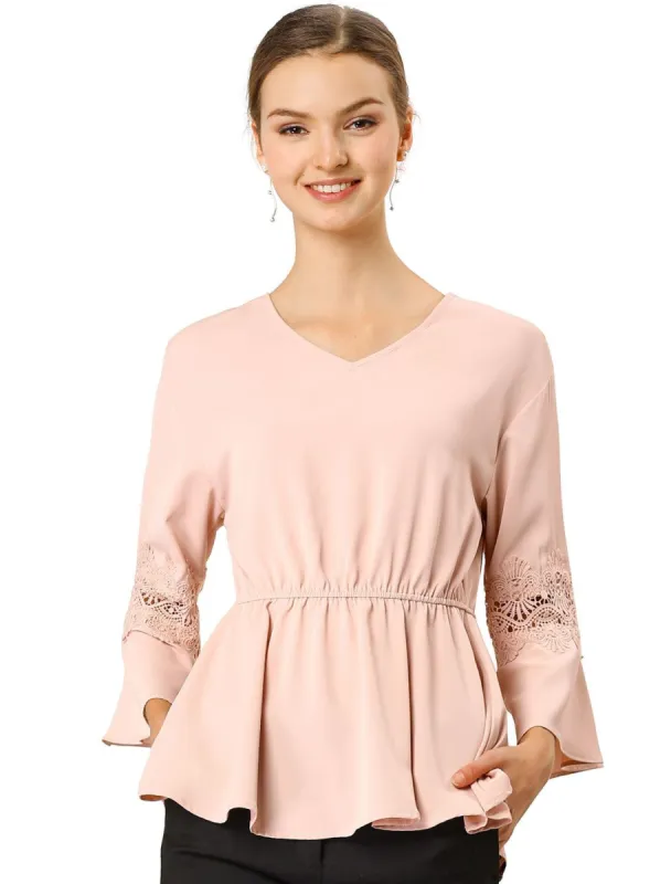 Women's V Neck Crochet Lace Bell Sleeves Peplum Blouse Top sold by Allegra K