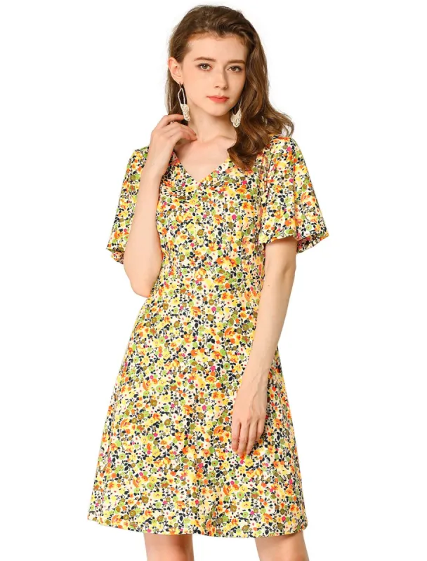 Women's Floral Print Flare Puff Short Sleeve Cute V Neck A-Line Dress sold by Allegra K