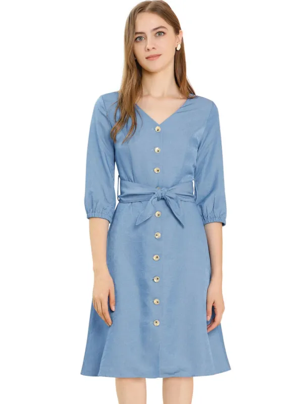 Women's V Neck 3/4 Sleeve Button Down Shirt Dress with Belt sold by Allegra K