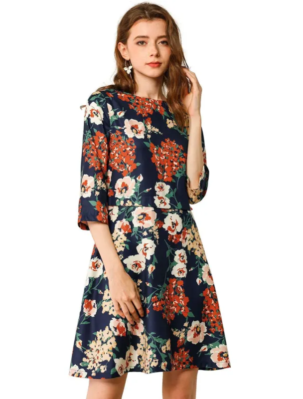 Women's Floral Half Sleeve Dresses Vintage Boat Neck Flare Dress sold by Allegra K