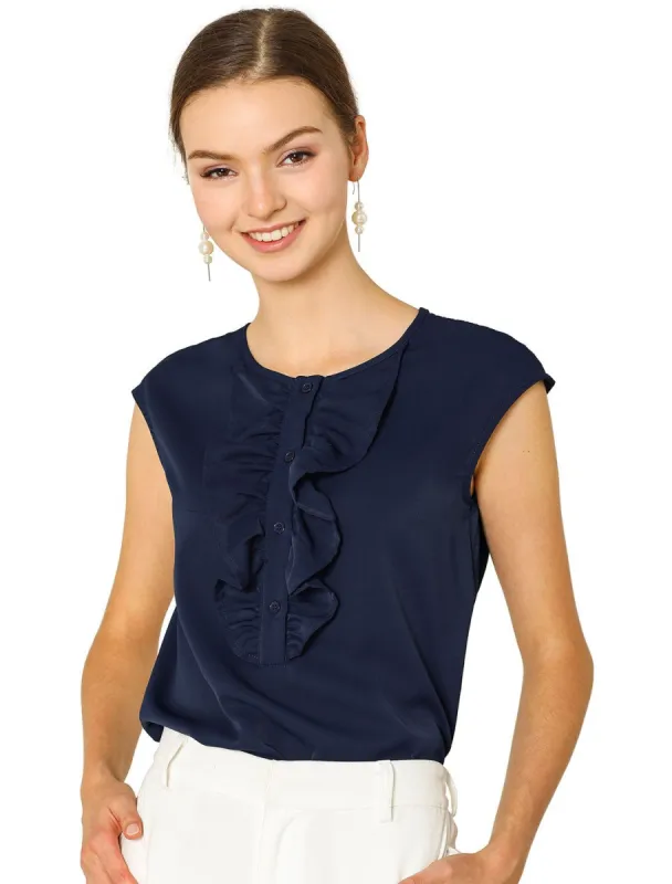 Women's Ruffle Neck Blouse Cap Sleeves Button Placket Loose Top Shirt sold by Allegra K