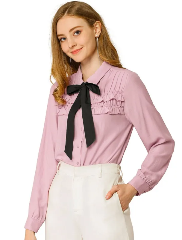 Women's Solid Color Elegant Tie Neck Ruffled Shirts Work Office Blouse sold by Allegra K