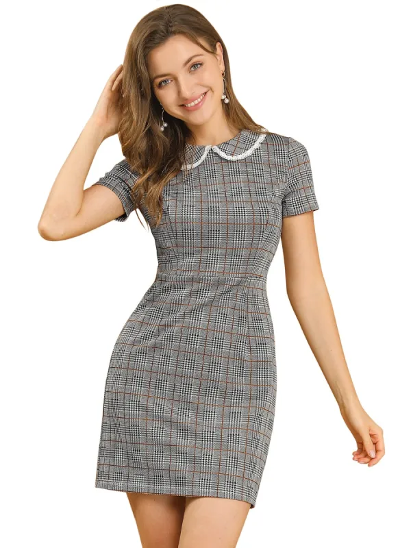 Women¡®s Short Sleeve Contrast Collar Slim Fit Stretchy Houndstooth Mini Dress sold by Allegra K