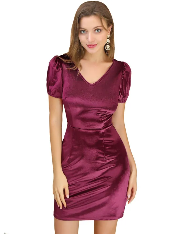 Women's Velvet Bubble Sleeve V Neck A-Line Back Keyhole Short Dress sold by Allegra K