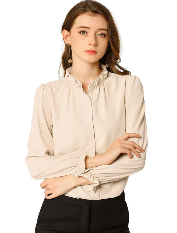 Women's Button-Down Work Office Tops Chiffon Ruffled Stand Collar Blouse sold by Allegra K