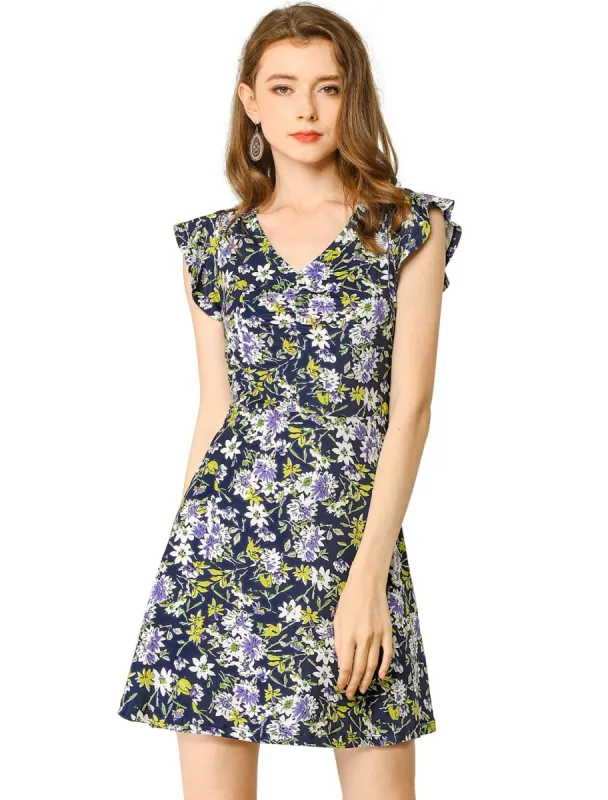Women's Casual Floral Print Ruched Front V Neck A-Line Ruffle Sleeveless Flare Dress sold by Allegra K