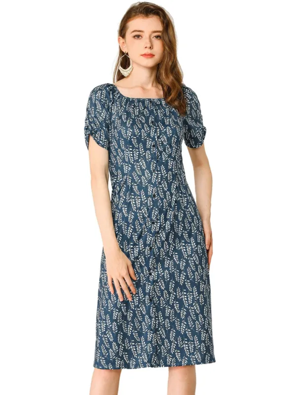 Women's Pleated Waist Ruched Sleeve Floral Prints Flare Dress sold by Allegra K