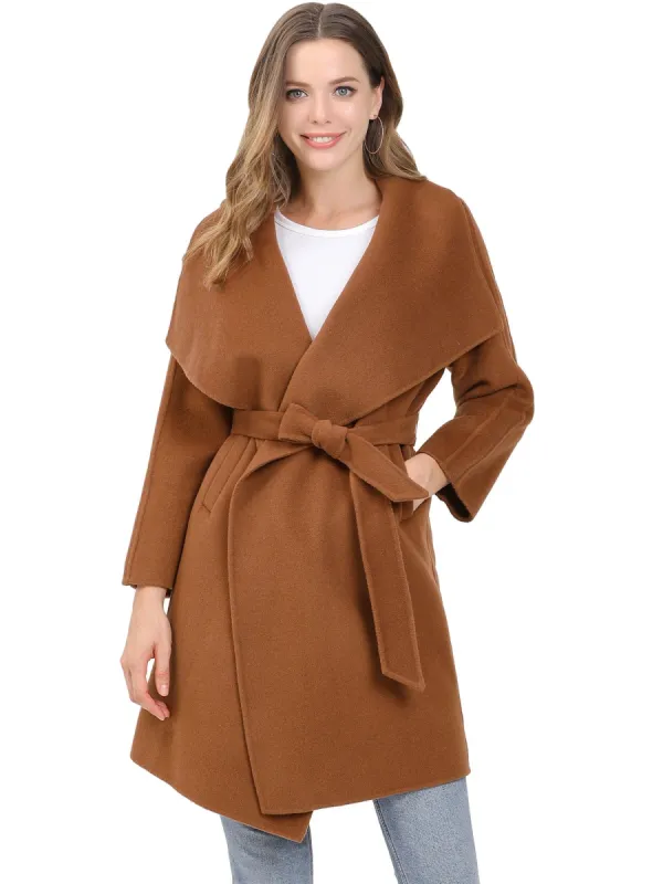 Women's Elegant Shawl Collar Lapel Long Sleeve Belted Winter Wrap Coat with Pockets sold by Allegra K