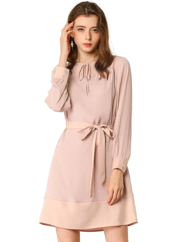 Women's Tie Neck Keyhole Colorblock Belted Long Sleeve Straight Dress sold by Allegra K