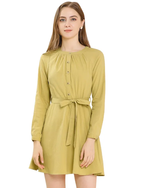 Women's Elegant Long Sleeve Round Neck Tie Waist Belted Mini Button Down Dress sold by Allegra K