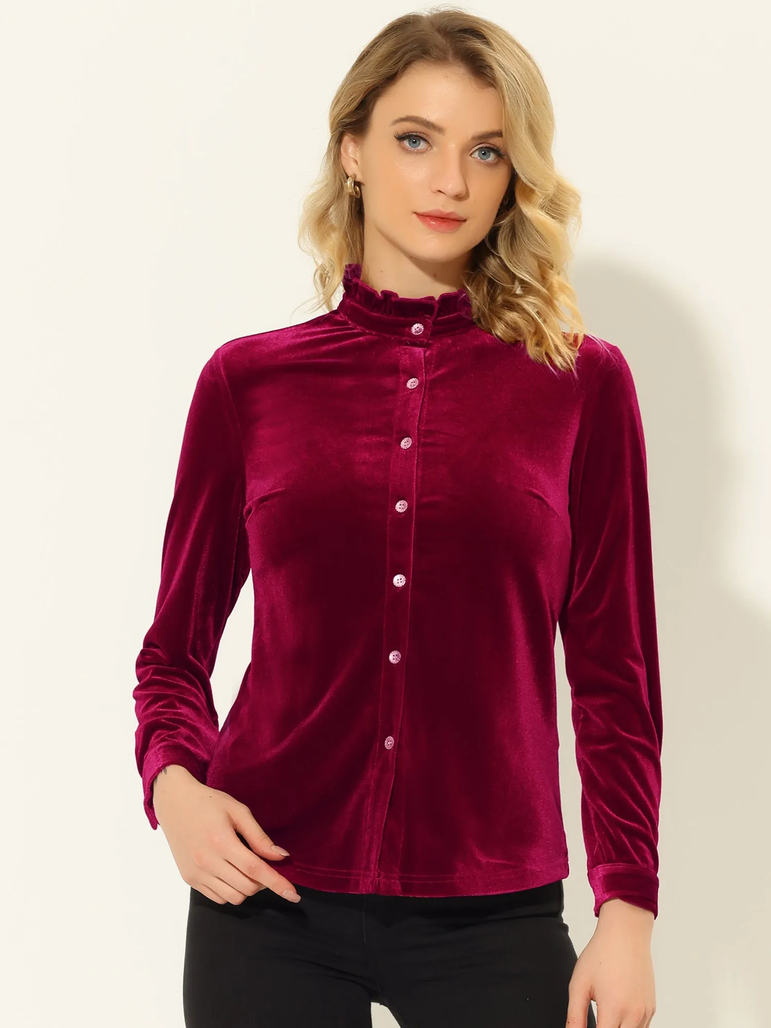 Velvet Top Stand Collar Long Sleeve Button Down Shirt sold by Allegra K